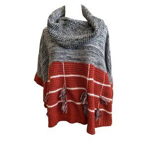 Anthropologie THML Burnt Orange Gray Tassel Cowl Neck Poncho Sweater XS Small